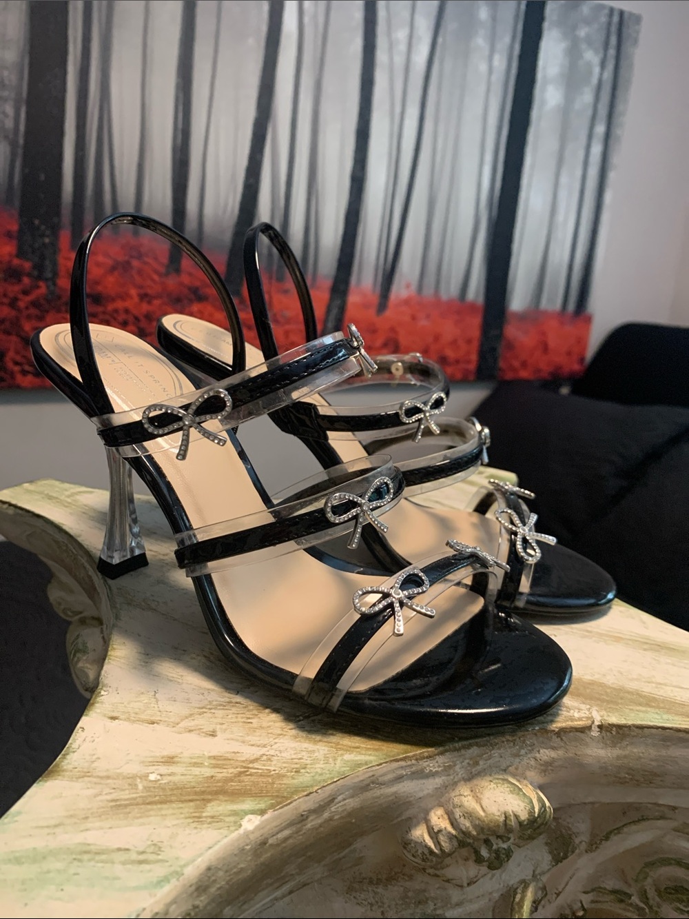 Call It Spring Black Patent Strappy Heels with Bow Accents